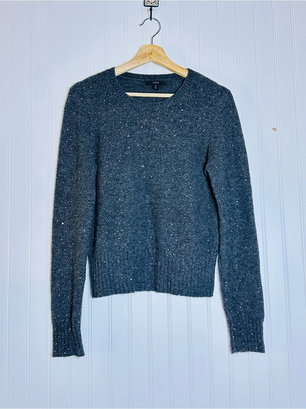 J. Crew Sparkle Soft Merino Wool Alpaca Gray gemstones/crystals S Crew Neck Soft